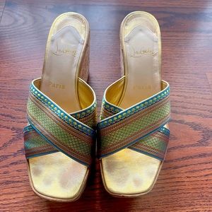 Christian Louboutin Maichor Cork Wedge Slide Gold Blue (Size 39.5)